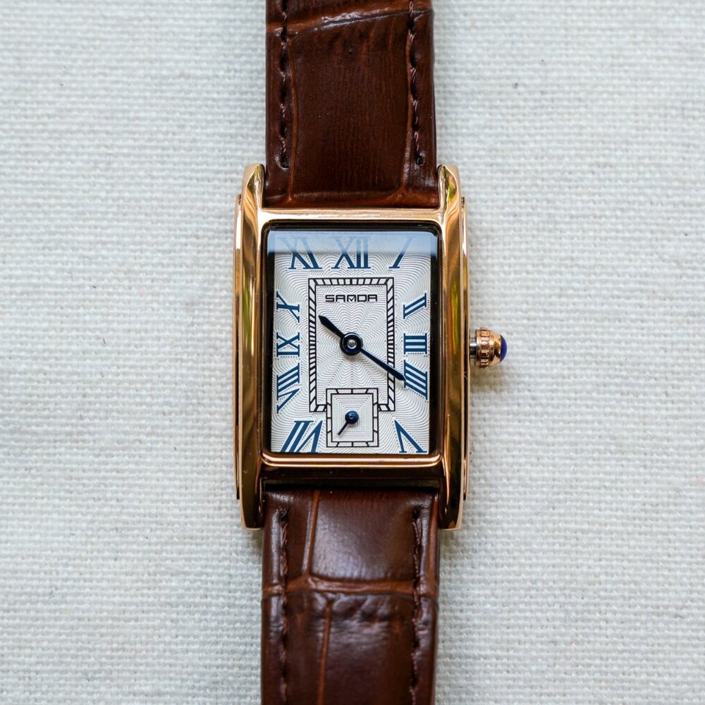y2k gold rectangle vintage watch w/ brown leather strap